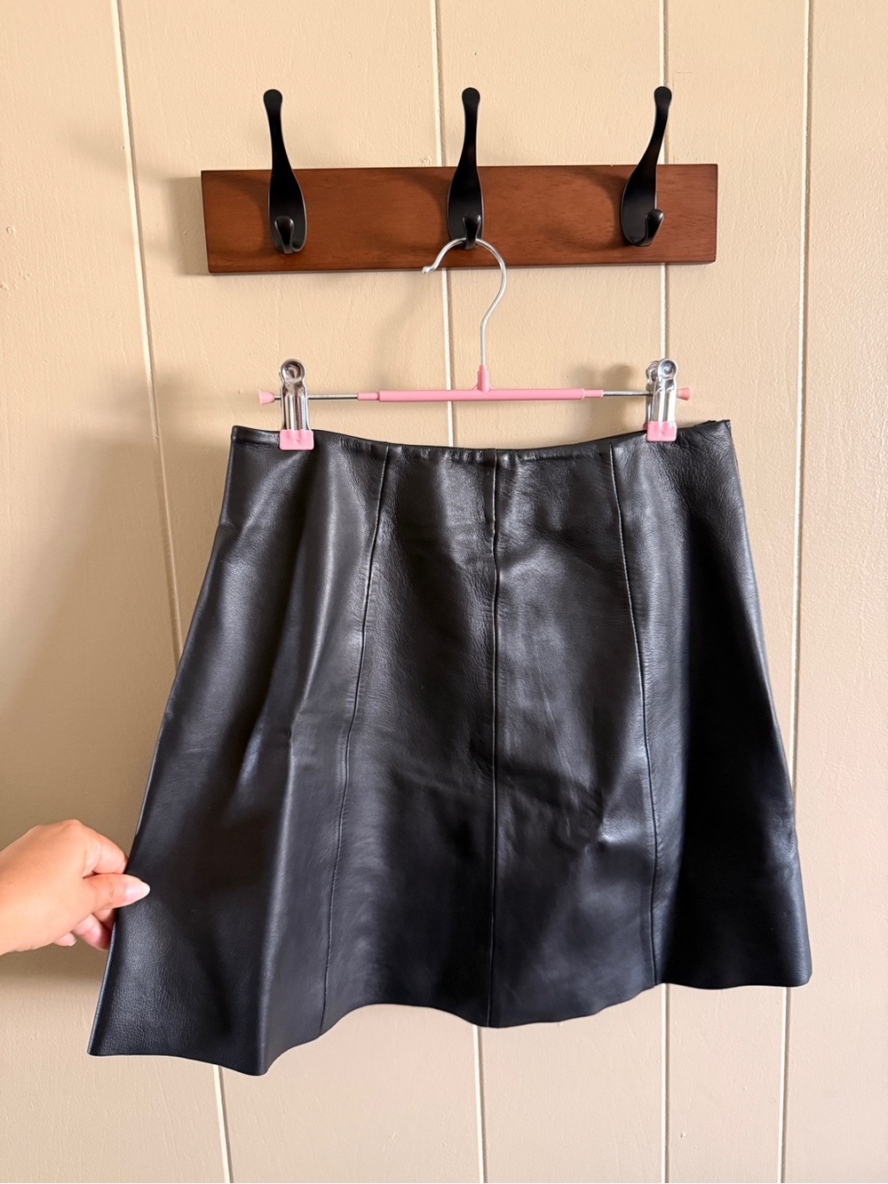 Veda Black 100% Genuine Lamb Leather Mini A-Line Skirt